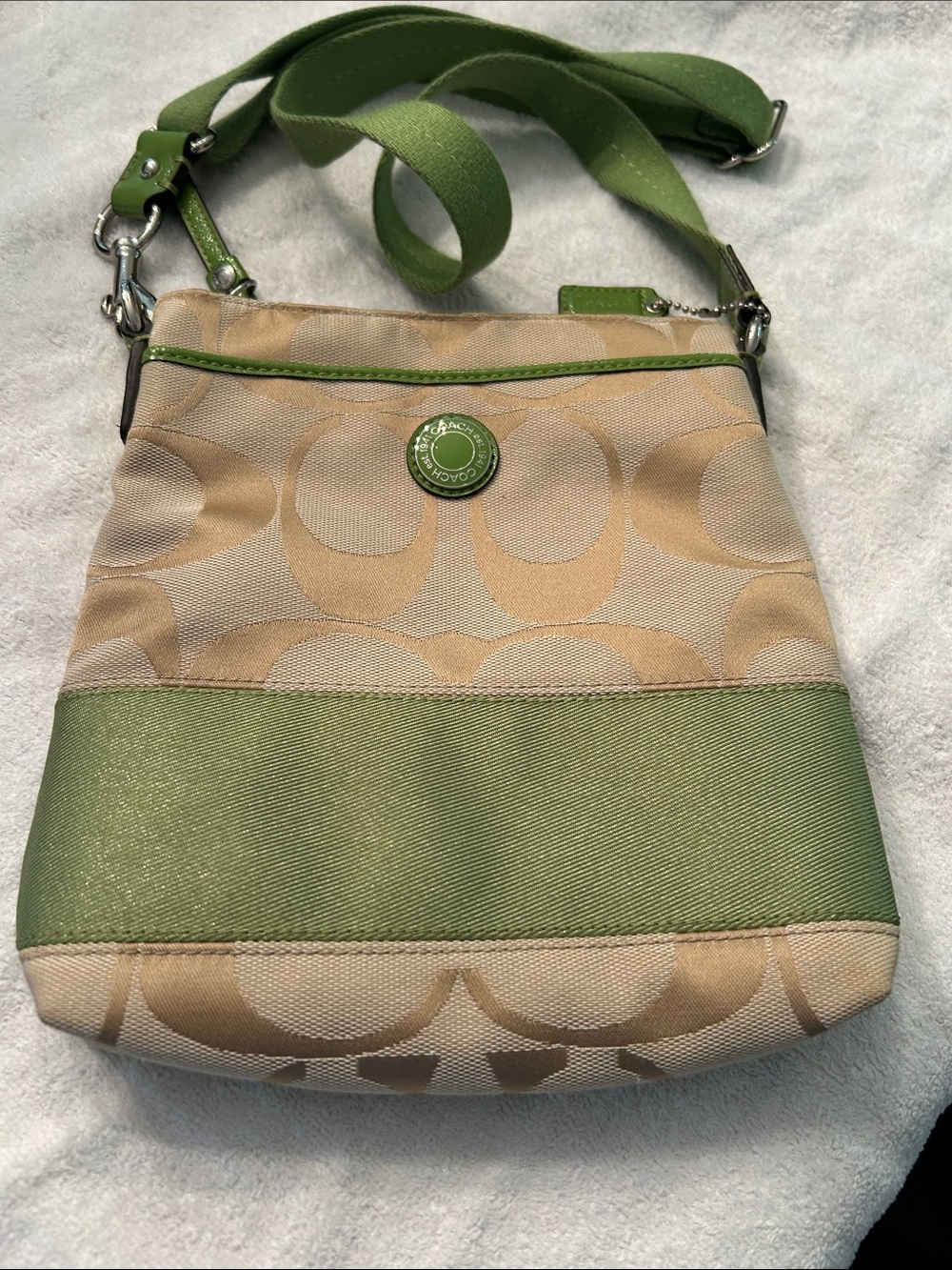 Coach Khaki Signature Crossbody with Green Trim